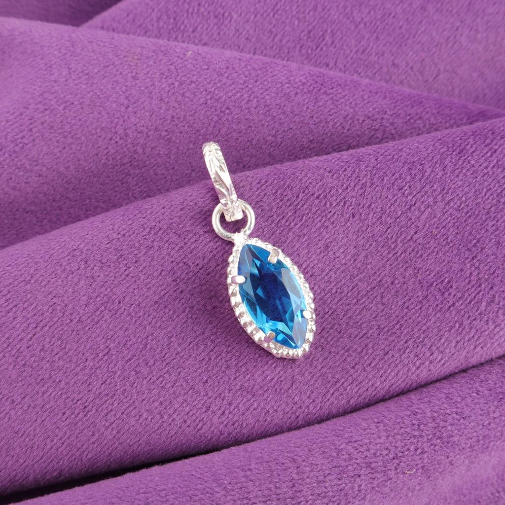 Marquise Natural Swiss Blue Topaz Sisters Gift Ethnic Pendant Jewelry 925 Silver PP-59-1
