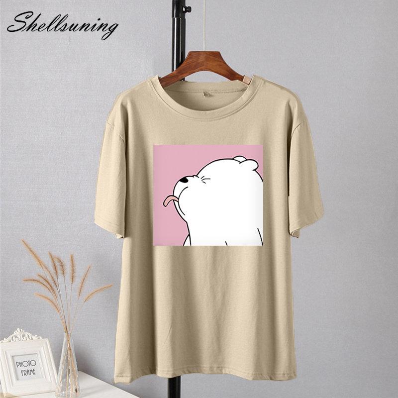 Shellsuning Summer Cute Printed Cotton T Shirt Women Loose Short Sleeve Trend Tees Female Casual Streetwear All-match Basic Tops
