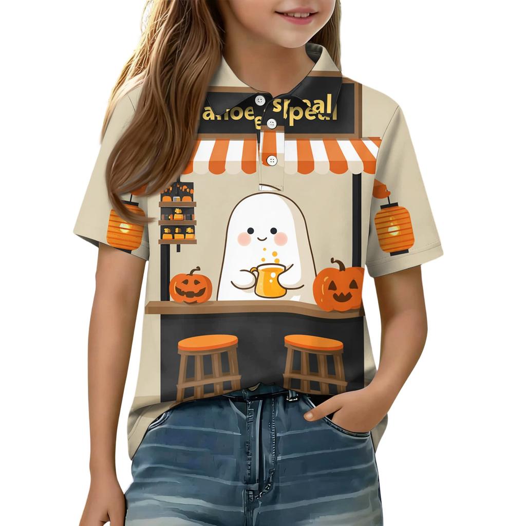 Kids Halloween Print Polo Shirt Short Sleeve Casual Tee Top with Button Collar for Boys Girls Comfortable Fit