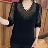 Women Summer Half Sleeve V-Neck Mesh Patchwork T-shirt Elegant Bottoming Shirt