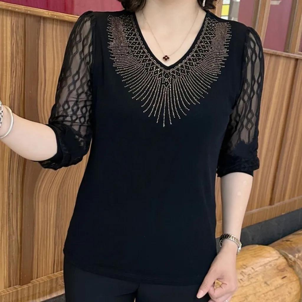 Women Summer Half Sleeve V-Neck Mesh Patchwork T-shirt Elegant Bottoming Shirt