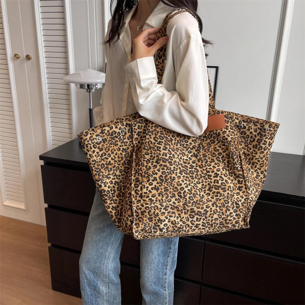 Oversized Leopard Prints Shoulder Bags For Women Deformable Canvas Large Capacity Shopping Totes 2024 Winter New Luxury Handbags