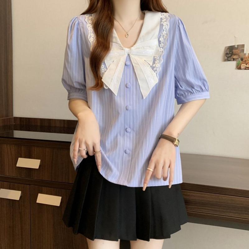 

Women s Bow Striped Shirt Loose Single Breasted Ladies Short Sleeved Blouse French Style Summer Casual Famale Daily Top XXL синій