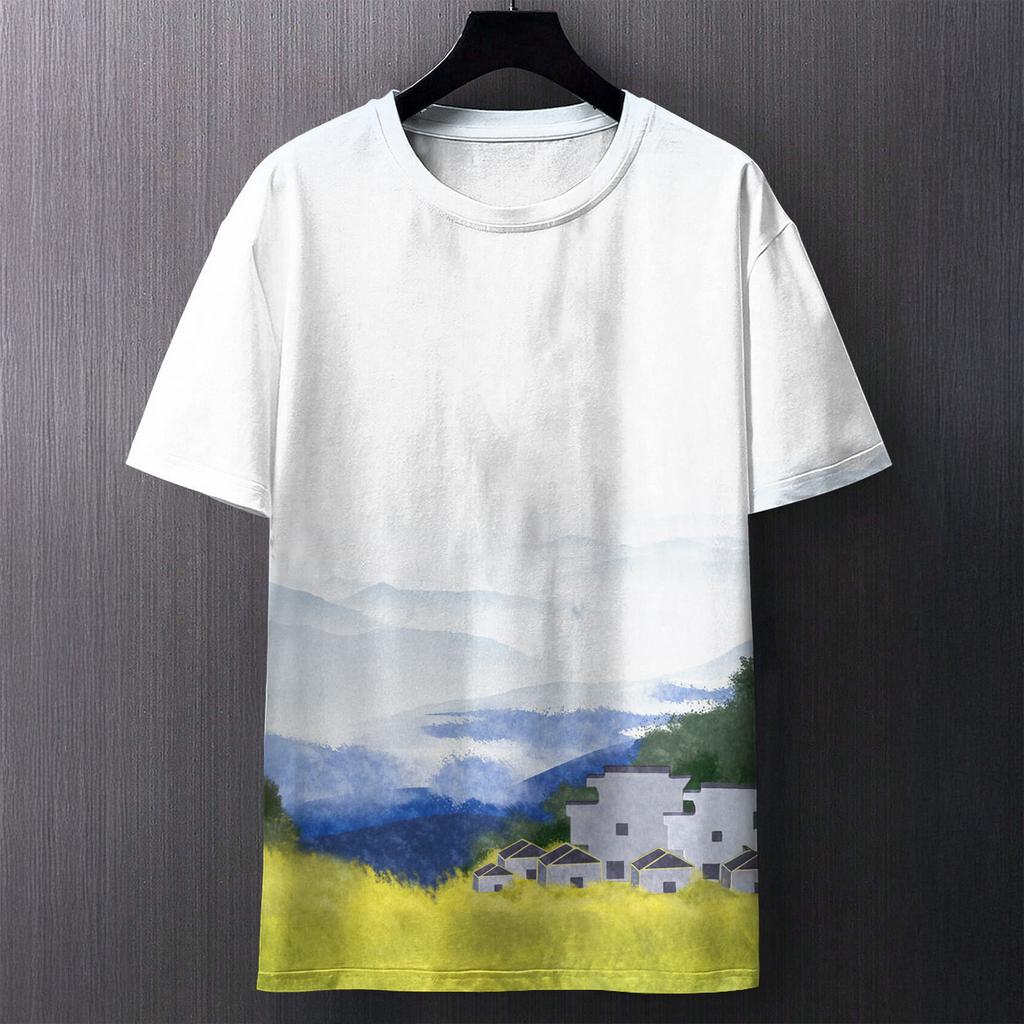 Summer Round Neck 3D Chinese Ink Landscape Print Top Fashionable Casual Short Sleeved Men's T-shirts