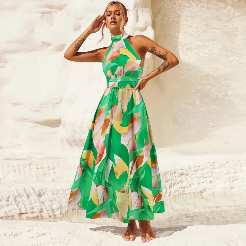 Women's Sexy Standing Neck Sleeveless Printed Dresses Midi Dresses