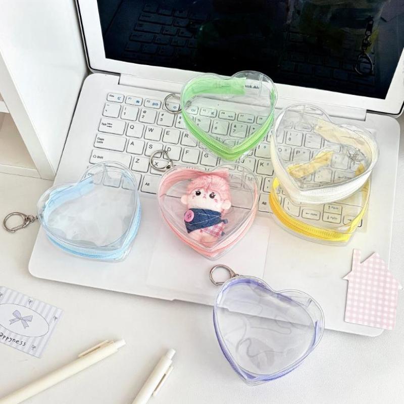 1PC Portable Colorful Heart Transparent Zipper PVC Storage Bag Kaychain Plush Dolls Protector Case Earphone Data Wire Coin Pouch