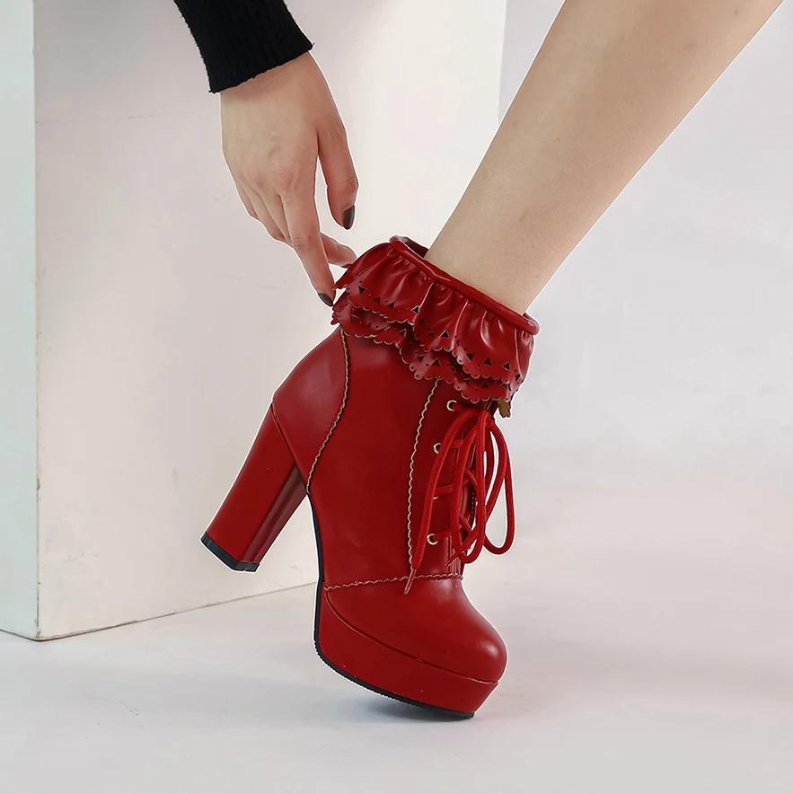 Ladies Lace Up Ankle Boots Women Shoes Sweet Lace Lolita Cute Cosplay Platform Botas Ladies High Heels Boot Female Plus Size 43