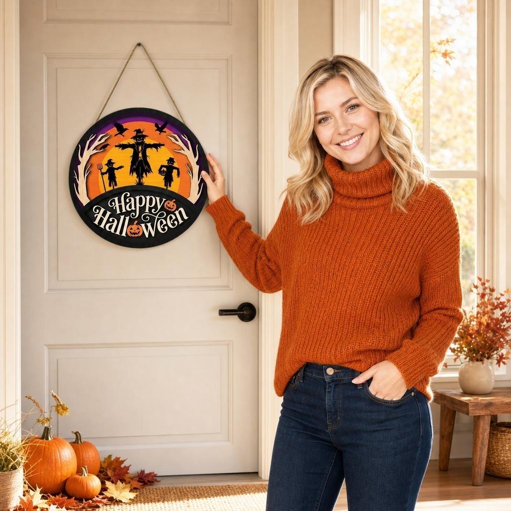 Wooden Halloween Hanging Sign Wall Decoration Scarecrow Pumpkin Design Party Festival Indoor Outdoor Hanging Ornament