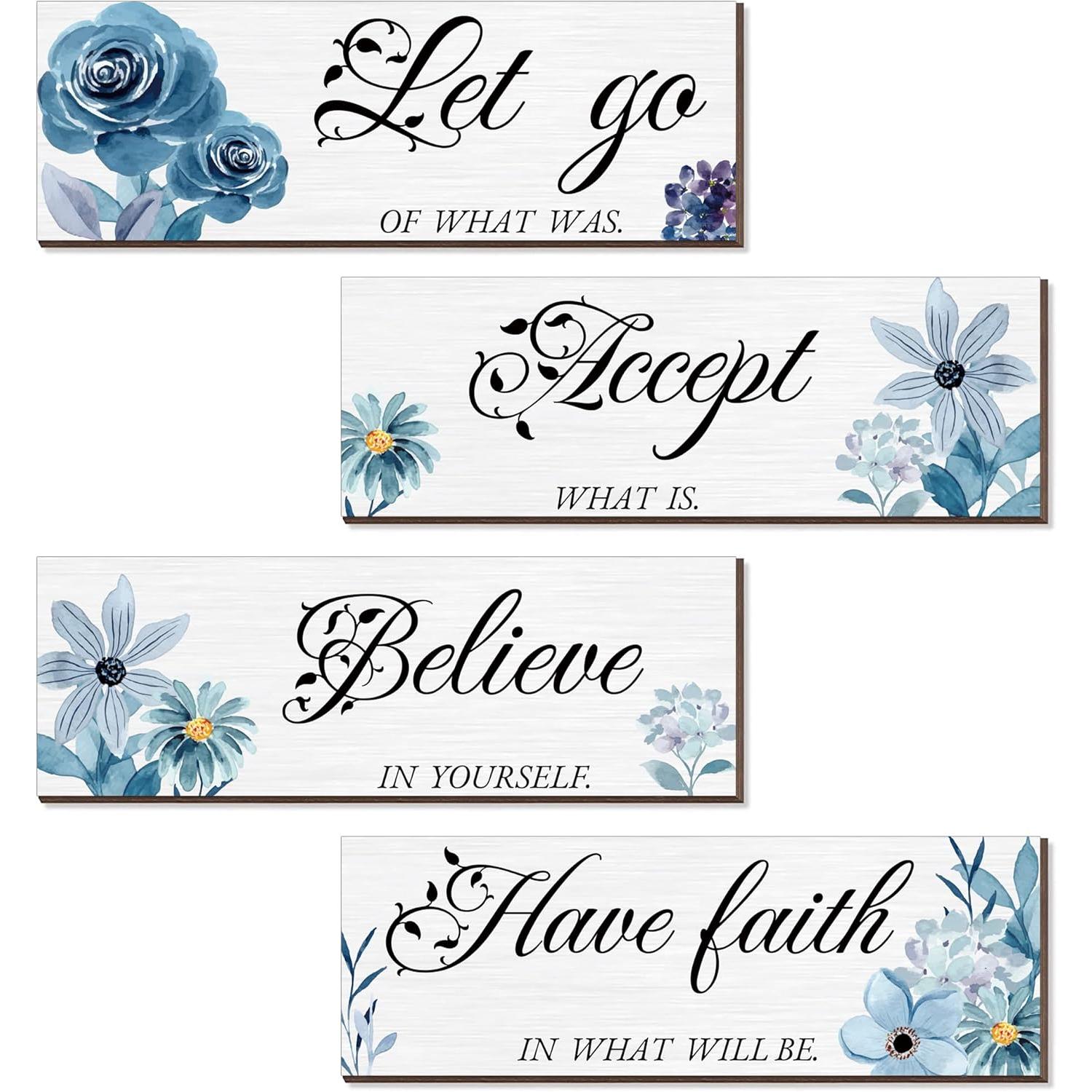 

4 Pieces Blue Flower Wall Decor For Bedroom Accept Let go Have faith Believe Inspirational Wall Art Decorations for Living Room No Frame 4PC-20*40cm No Frame