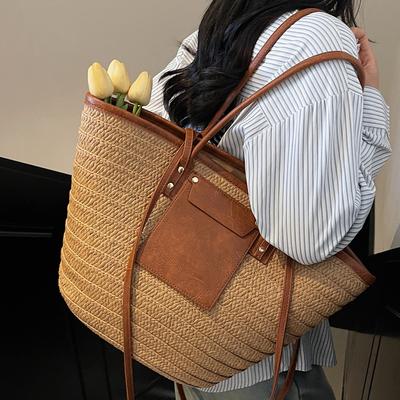 Woven Straw Tote Bag for Women Travel Vacation Wind Straw Woven Bag Women's Summer New Fashion Woven Portable Tote Bag Large Capacity Beach Bag