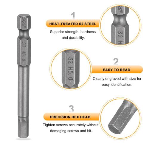 uxcell H5 Hex Bit, 5mm, Single-Head, Magnetic, for Electric Screwdrivers, 65mm Long, S2 Steel, for Electrical Construction, DIY, and Home Repairs