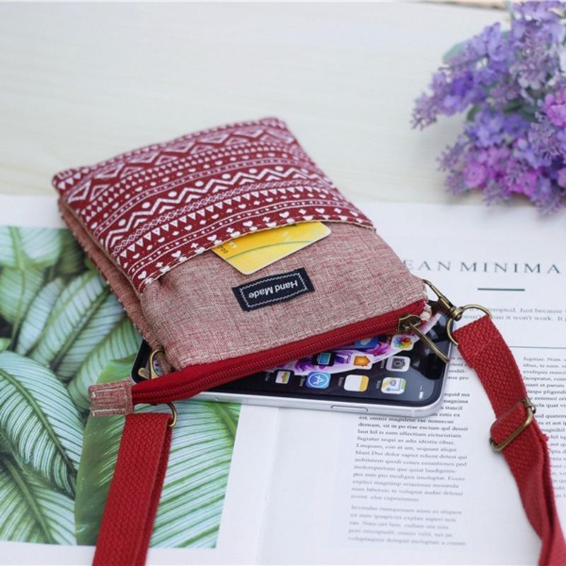 Boho Leinwand Handy Umhängetasche Ethnisches Stammesmuster Handytasche Verstellbarer Schultergurt Kleine Reise-Pass Tasche für Damen