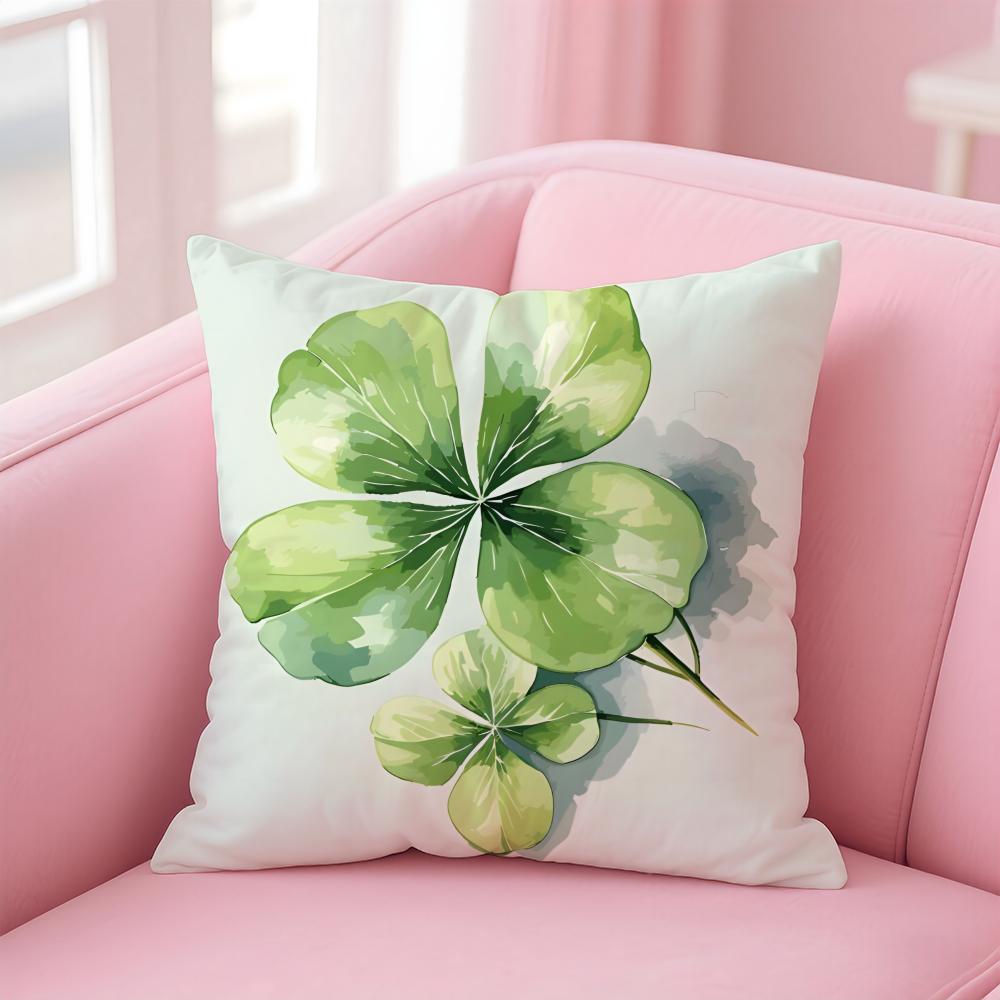Lucky Four Leaf Clover Fresh Green Cushion Cover Pillowcase Short Plush Invisible zipper Room Sofa Cushion Cover