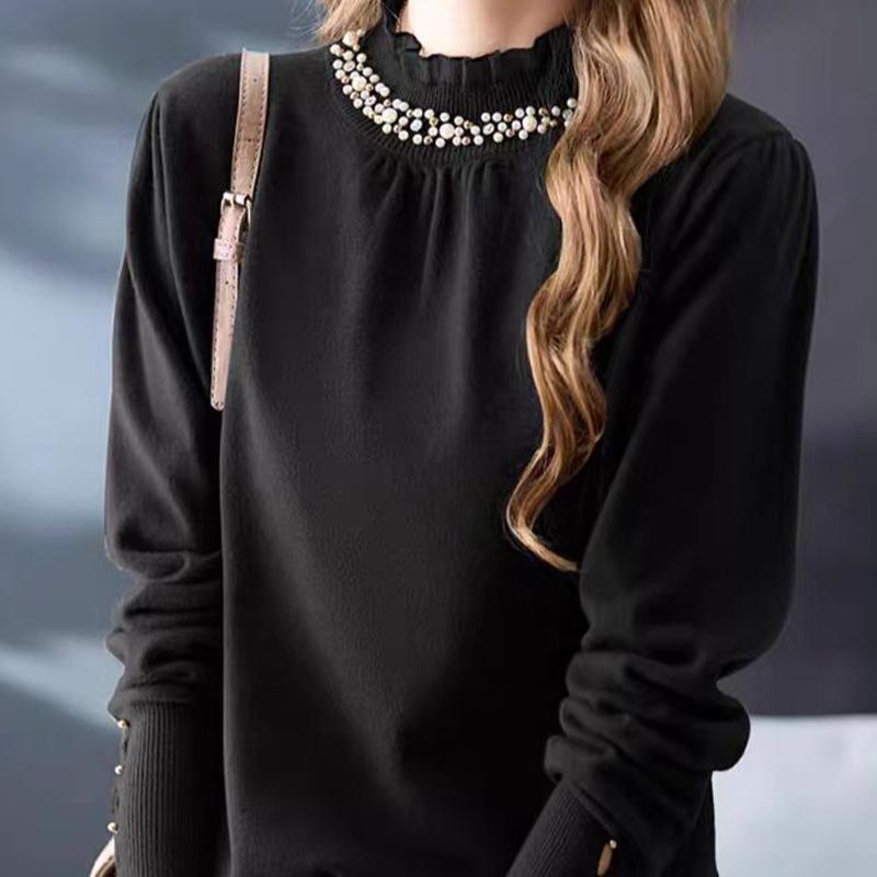 French Sweater Women's Half Turtleneck Beaded Knitted Sweater Women's Autumn and Winter Ruffle Fringed Long-sleeved Pullover