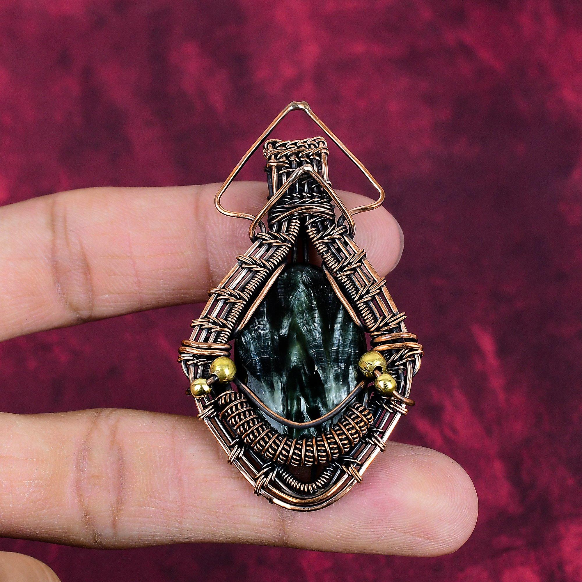 

Seraphinite Gemstone Pendant Copper Wire Wrapped Jewelry Handmade Amazing Pendant