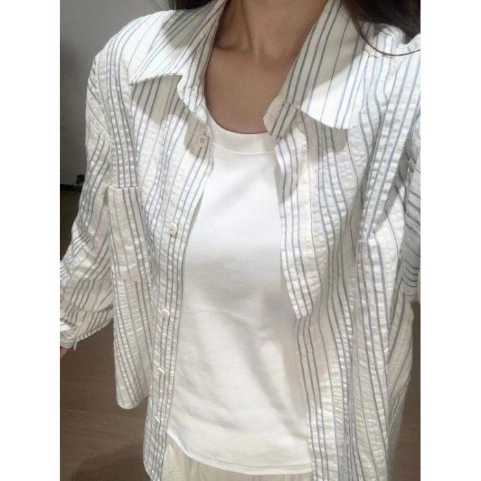 Women's Casual Striped Long-Sleeved Polo Collar Shirt – Versatile and Loose Fit Top for Everyday Wear