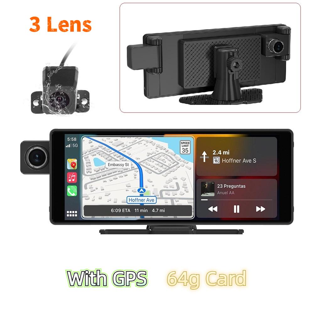 3-lens Dashcam, 10.26" HD Wireless CarPlay Car Navigation GPS.