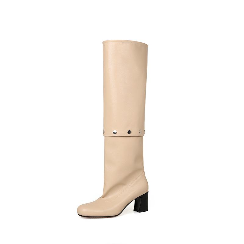 Foreign trade two wear removable knee boots 2025 new retro thick heel rivets thin leather high boots
