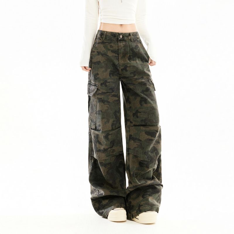 Early Spring High Street Camo Relaxed Slim Floor Cargo Wide Leg Denim Pants For Women Casual Pants Oversize Denim Trousers
