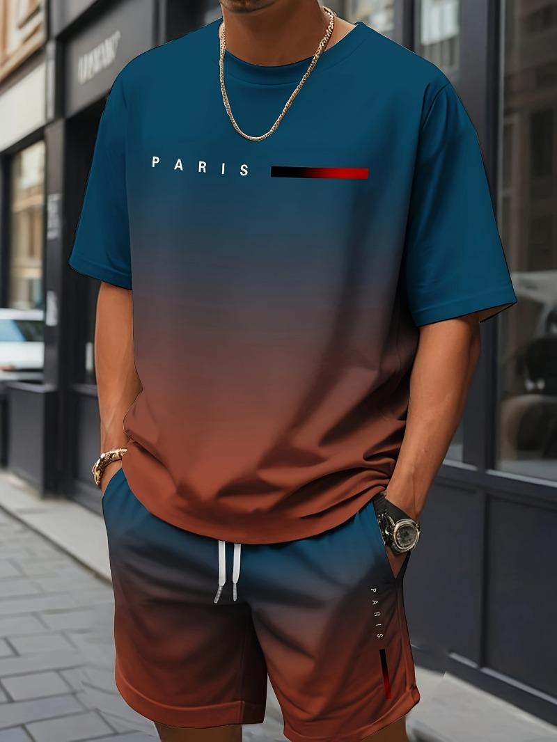 Printed men s fashionable casual trendy personality classic short-sleeved T-shirt + shorts set S