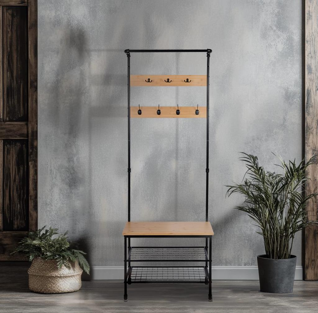 Bambus-Kleiderständer für den Flur Garderobe 66x32x183 Vw2Nb Begryf