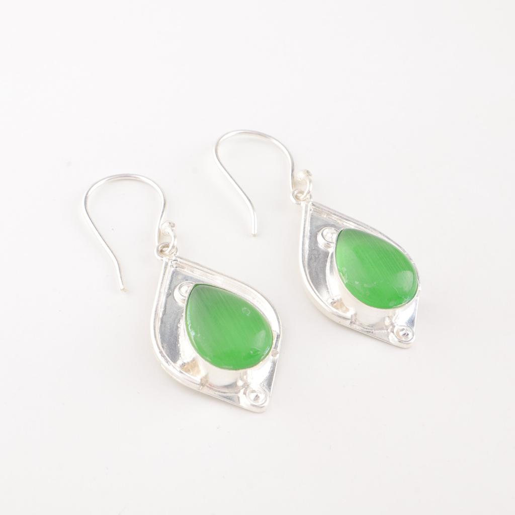 Green Cat's Eye Gemstone 925 Stamped Silver Jewelry Handmade Boho Earrings 1.90" EE-35-46