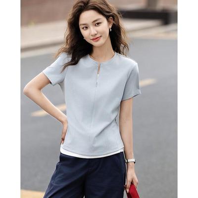 Women's Spliced Slim Fit Half-Open Collar T-shirt