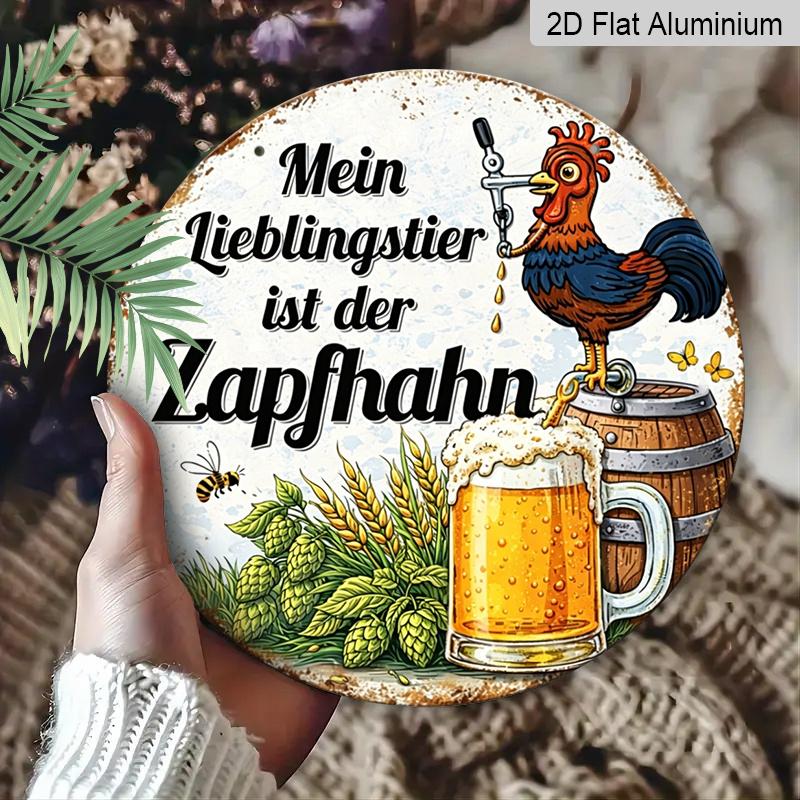 Płaski 2D, 1 szt. Okrągły Aluminiowy Niemiecki Znak "Moim ulubionym zwierzęciem jest kran", Zabawny Kogut i Kran Piwny Metalowa Sztuka Ścienna, Vintage Rustykalny Wystrój Baru