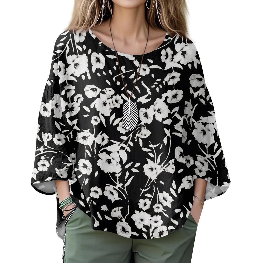 Summer Tops For Women Cute O Neck 3/4 Sleeve Blouses Floral Print Top Casual Shirts