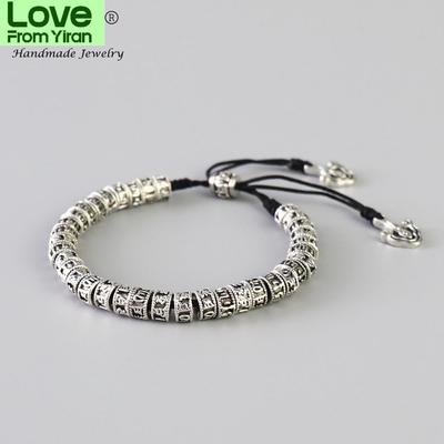 Bracciale in lega di perline buddismo tibetano Mantra delle sei sillabe Fatto a mano Nodo nero Metallo anticato Amuleti Perline Bracciale per uomo