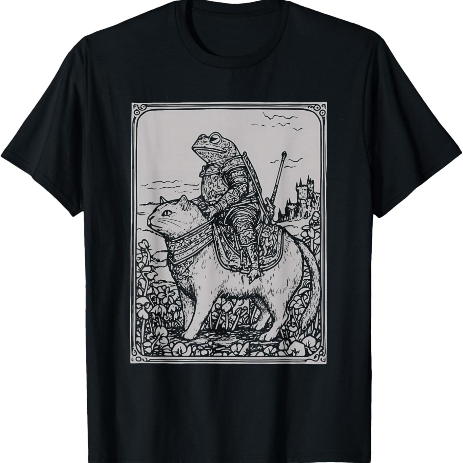 Funny Medieval Frog On Cat Weird Stuff Unhinged Cat Memes T-Shirt S чёрный