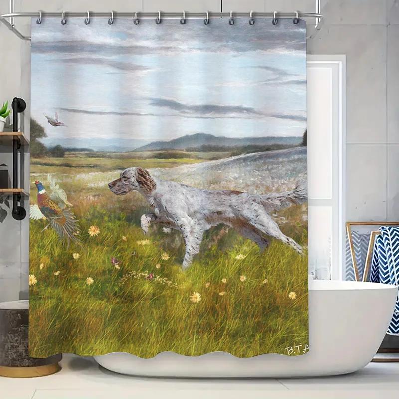 

Nature Outdoor Shower Curtain Featuring A Beautiful Dog Running Through Wildflowers With Birds In Flight Perfect For Adding A To W60H190(CM)-1 Pcs