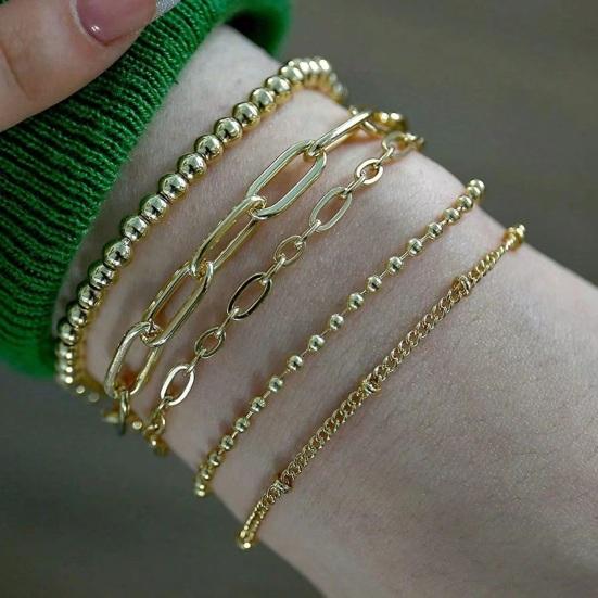 4 Pcs/Set Women Bracelet Hip Hop Style Snake Bone Chain Hollow Chain Round Pendant Adjustable Golden Color Polished 4 Pieces Set Wrist Jewelry Set