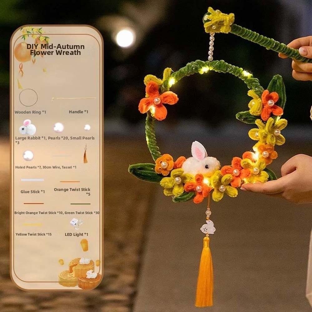 Handmade Rabbit Hoop Lamp Glowing Chenille Stems Craft Bunny Wreath Lantern  Mid-Autumn Festival