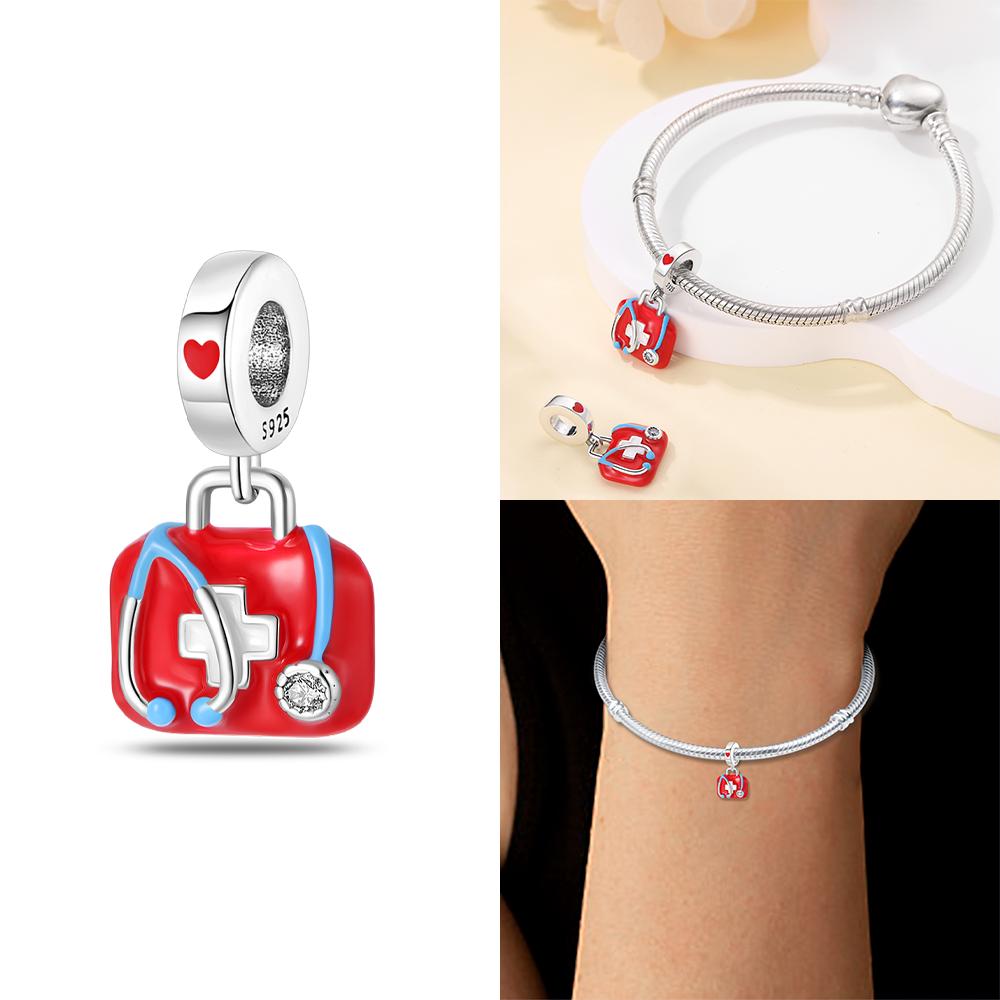 Teeth Protection Copper Red Heart Medical Care Dental Nurse Beads Charm For Original Bracelet Woman Girl Jewelry