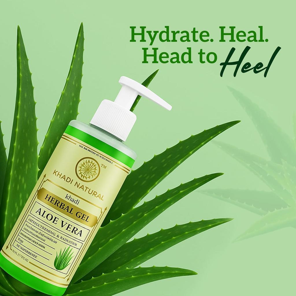 KHADI NATURAL Herbal Aloe Vera Gel 500 Ml With Dispenser Lightweight Non Sticky Daily Face And Body Hydrating Gel