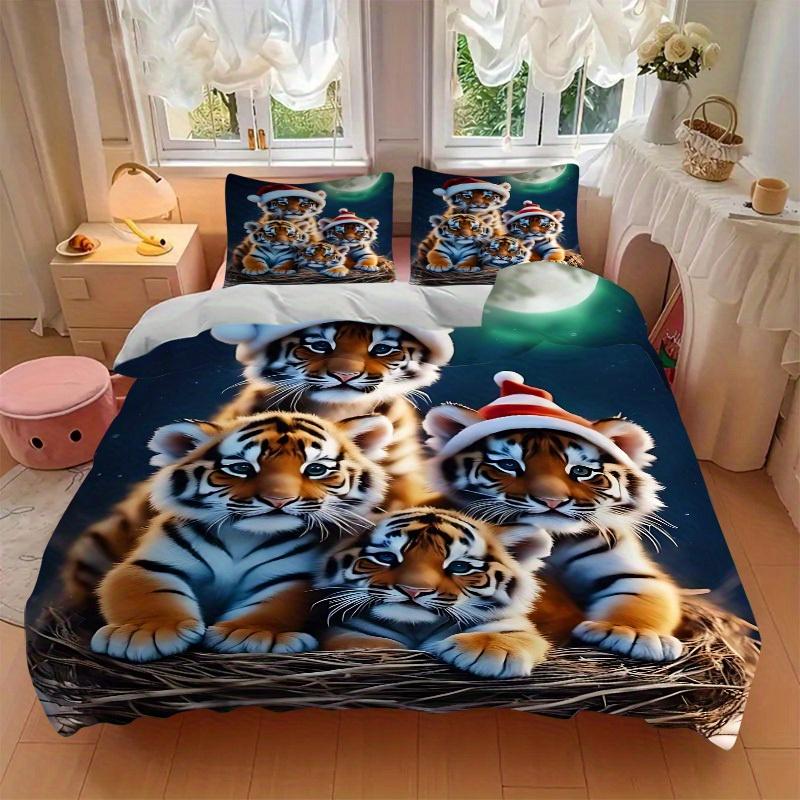 3Pcs Tiger Cubs Printed Bedding Set, Breathable And Soft, Machine Washable, Christmas Gift, Suitable for Bedroom Decoration, 15174