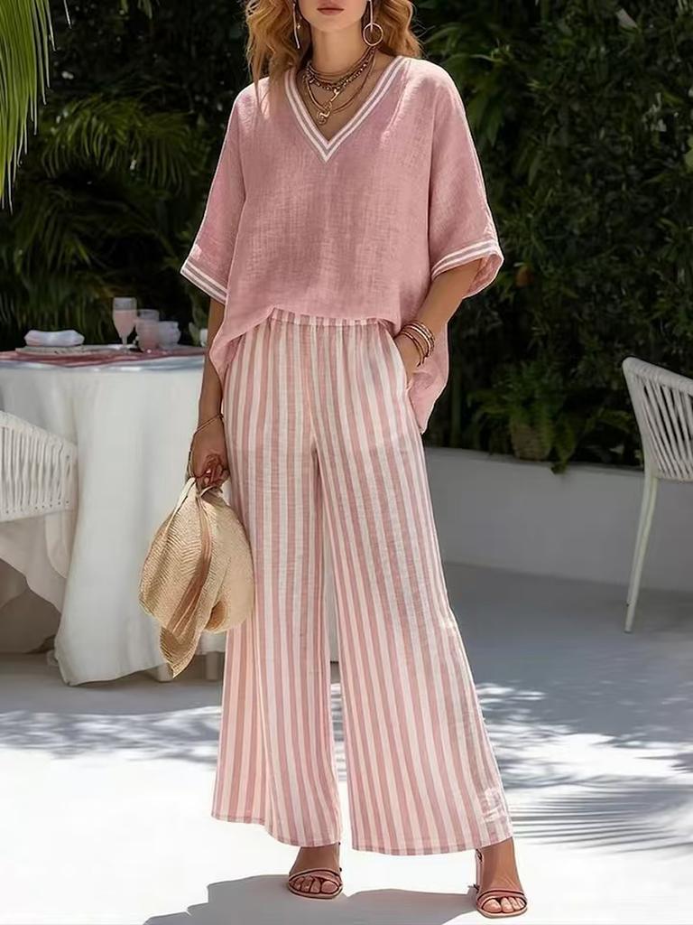 Gestreiftes Weitbein-Hosen-Set Damen Urlaubsstil Zweiteiliges Outfit Sommerurlaubsstil
