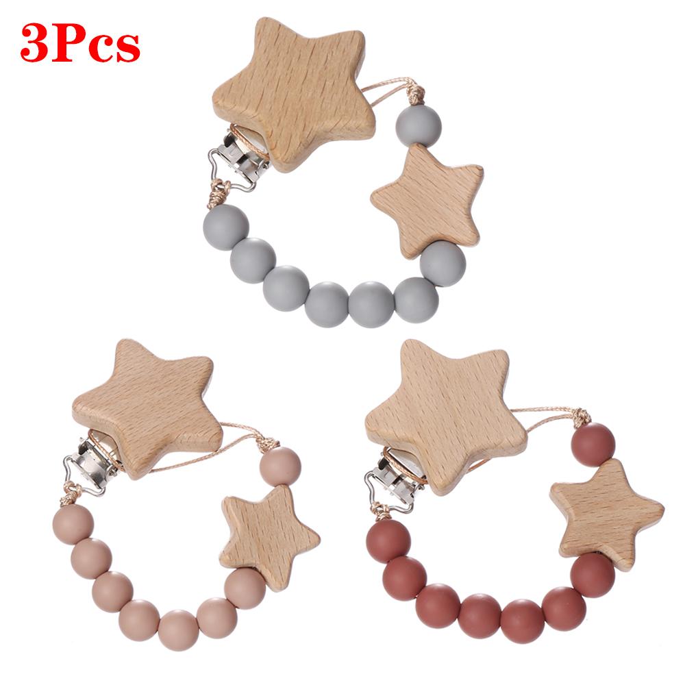 3Pcs Beech Wooden Star Pacifier Baby Pacifier Clip Nipple Holder Dummy Holder Pacifier Clip for Baby Nursing Toys Accessory