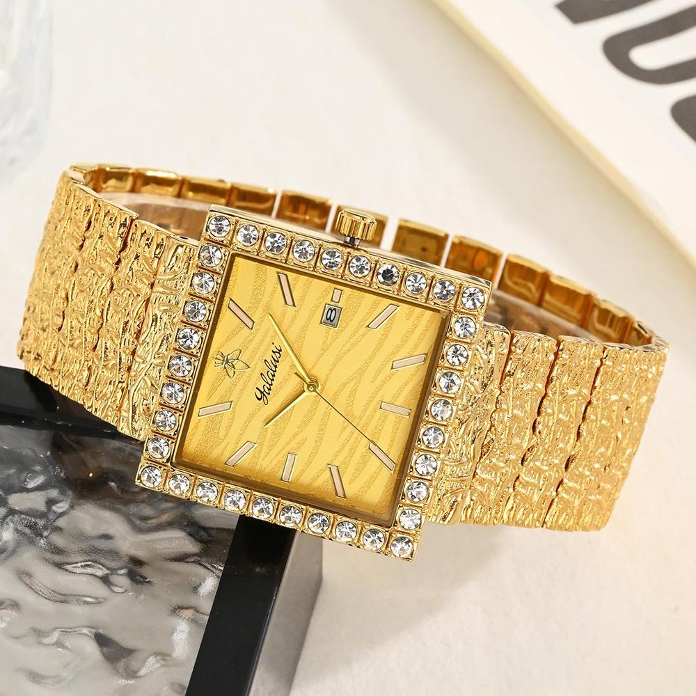 Luxury Square Quartz Watch Crystal Bezel Textured Dial Vintage Carved Metal Bracelet Waterproof Daily Dress Watch for Men Women Couple Matching Watch