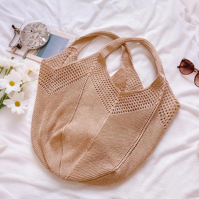 Yogodlns Casual Hollow Women Shoulder Bag Solid Color Large Capacity Summer Woven Beach Bag Foldable Handmade Crochet Tote Bag