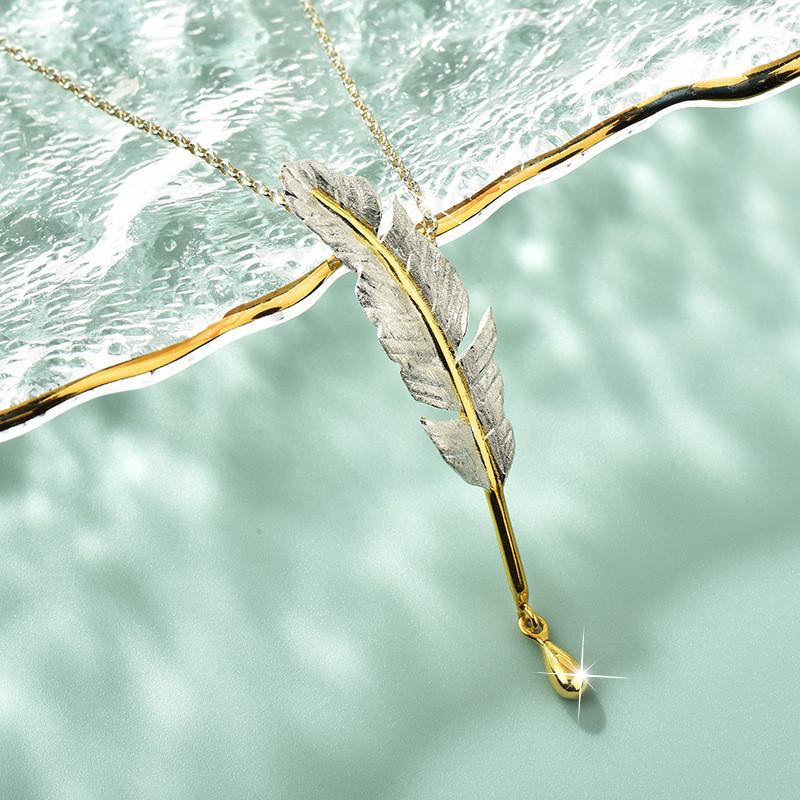 And Fresh Sweet Titanium Steel Side Chain Necklace With Beautiful Leaf And Water Design Drop