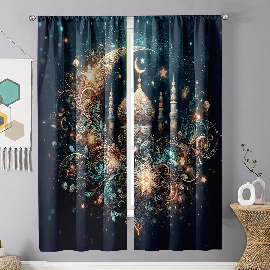 2 Stück Sternenhimmel Vergoldete Islamische Muster Vorhänge, Verträumter Stil, Wohnzimmer und Schlafzimmer, Gardinenstangen-Tasche Dekoration