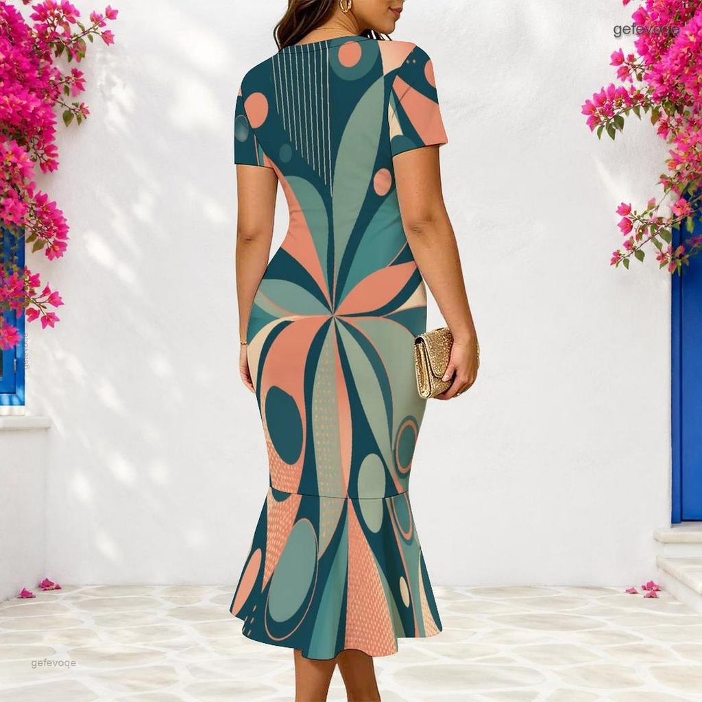 Women Plus Size V Neck Short Sleeve Fitted Abstract Leaf Printed Fishtail Dress