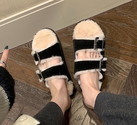 Fashion 2024 Classic Women Fur Slides Shoes Winter Fleece Wool Pantuflas Mujer Nubuck Cow Leather Slippers Ladies Buckle Belt Flip Flops