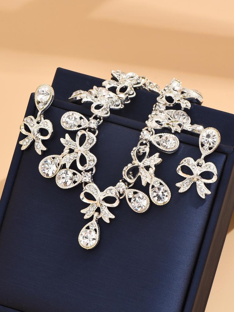 3 pcs women's jewelry set with rhinestones, bow necklaces, earrings, bridal wedding accessories