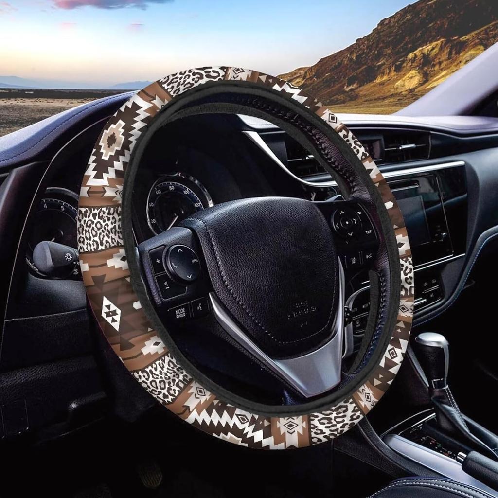 15inch Cow Sunflower Auto Steering Wheel Cover for Women Men Sunflower Lover,Brown Cowhide Steering Wheel Cover Protector Accessory Elastic and Anti
