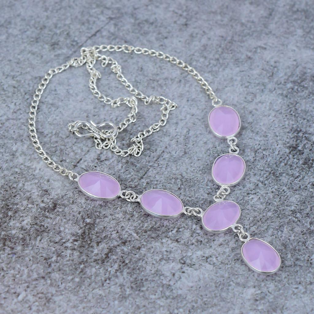 Pink Chalcedony Gemstone Handmade 925 Sterling Silver Jewelry Necklace 18" M-412