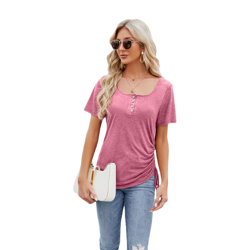 Letní dámské tričko Knoflíček U Neck Volný Stahovací Top Krátký rukáv
