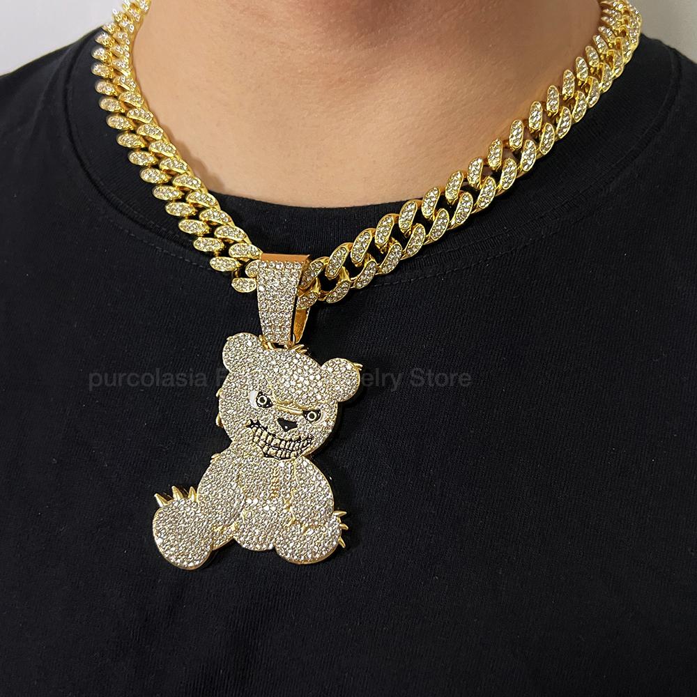 Hip Hop Aggressive Bear Pendant Iced Out Rhinestones Necklace for Men Women Accessories Iced Out